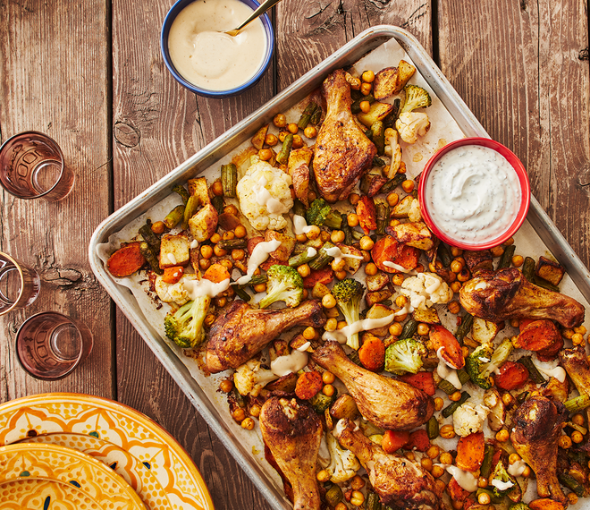 Moroccan-style chicken and vegetable sheet pan